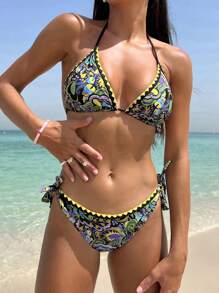 Swim Vcay 女士沙灘假期花卉印花露背頸帶性感比基尼套裝 - 彩色 - 查看 1