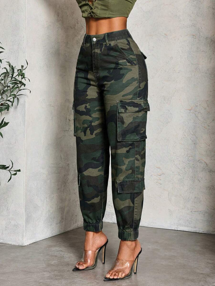 SHEIN Slayr Women's Casual Loose-Fitting Camouflage Jeans With Cargo Pockets And Elastic Cuffs - Multicolor - View 1