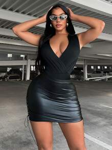 Zolique 女士夏季實色褶皺連帽連體衣，交錯設計 - 黑色 - 查看 5