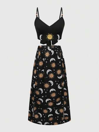 Hippie Mature Lady Holiday Style Two-Piece Set: High Side Slit Printed Cami Top With Chest Cups And Back Bowknot Tie, And Matching Elastic Waist Printed Maxi Skirt