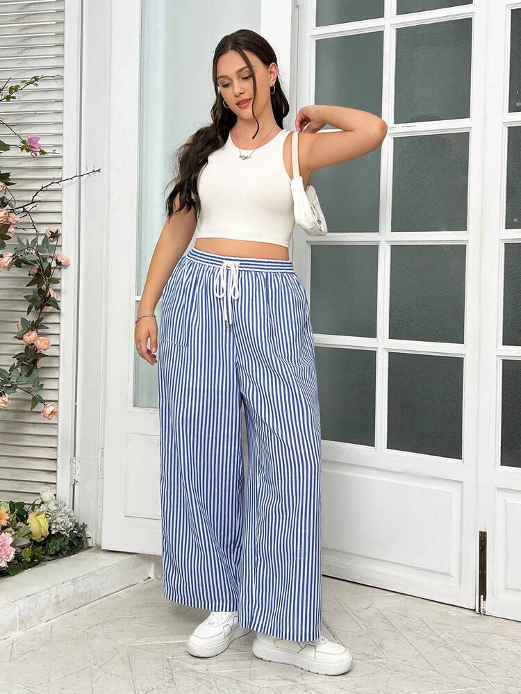 Women's Plus Size Casual Striped Printed Drawstring Long Pants For Summer, Blue And White