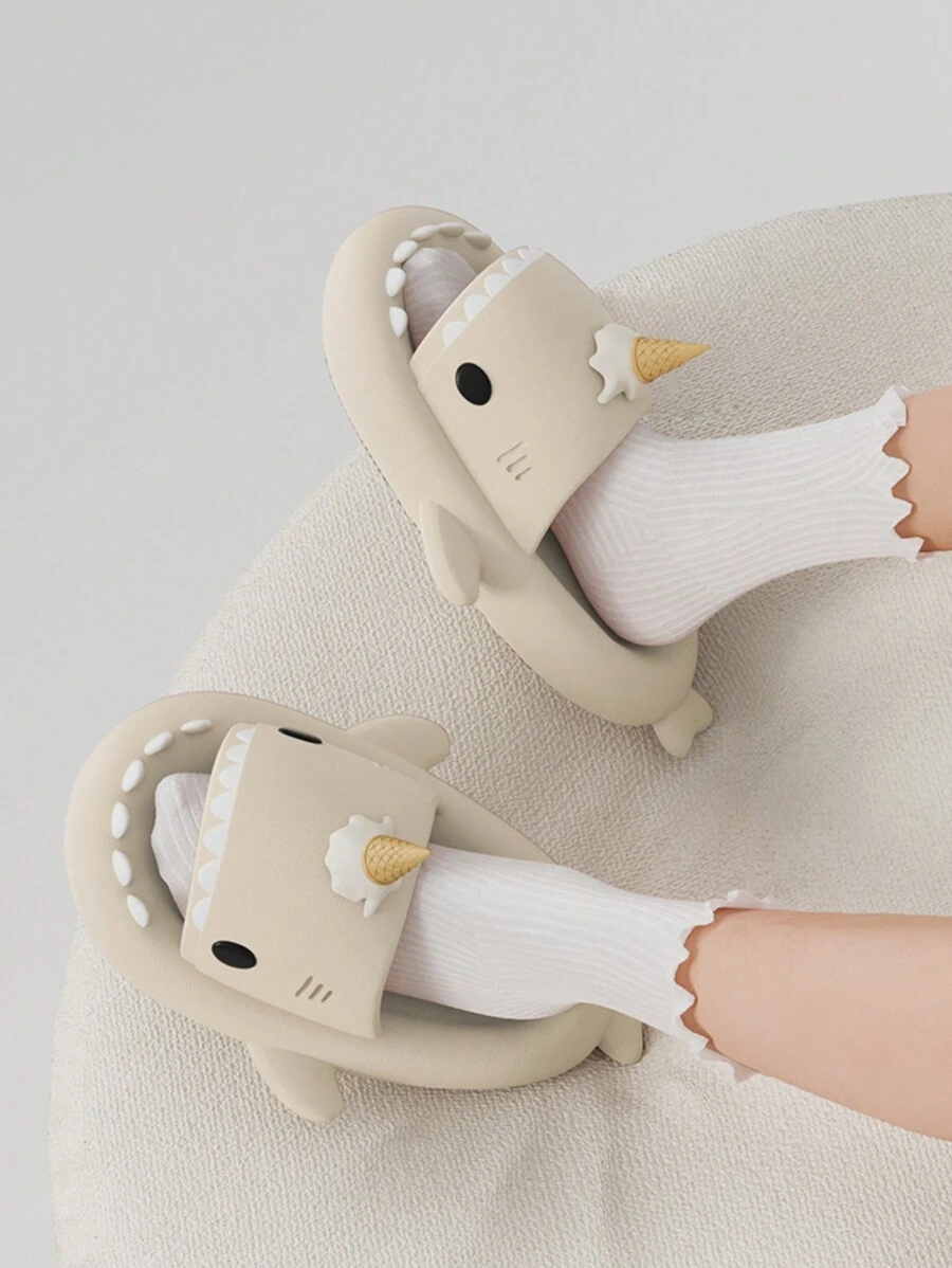 2025 Summer Women Plastic Slippers,Cute Shark Design Flat Sandals, Couple Indoor Quiet Non-Slip House Slippers - Beige - View 1