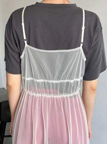 FRIFUL Semi-transparante, eenvoudige dagelijkse mesh-jurk voor dames, met ruches - Beige - Bekijken 7