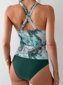 Swim Vcay Áo cổ chữ V in hình toàn thân và quần tam giác Tankini màu trơn, Bộ đồ bơi Tankinis mùa hè - Nhiều màu - Xem 2