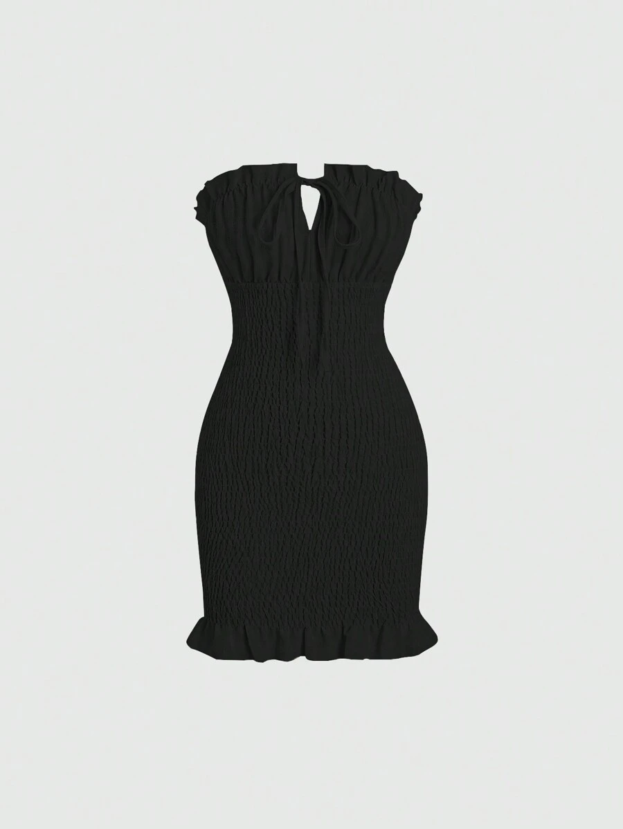 Sweetra Vestido Tubinho Feminino Sem Alças de Cor Sólida de Estilo Simples para Uso Diário - Preto - Visão 1