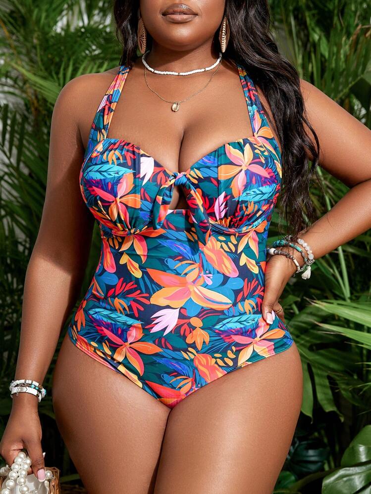 Seea フラワープリント ワンピース水着 X-Small Slaydiva プラスサイズの夏のビーチプラントプリントワンピース水着