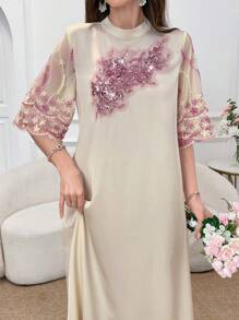 Al Najma Váy Abaya thanh lịch tay ngắn lưới hoa lấp lánh cổ đứng cho nữ, váy Jalabiya tay ngắn, váy Maxi rộng rãi, váy Maxi dự tiệc tối thanh lịch - Nhiều màu - Xem 4