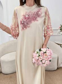 Al Najma Váy Abaya thanh lịch tay ngắn lưới hoa lấp lánh cổ đứng cho nữ, váy Jalabiya tay ngắn, váy Maxi rộng rãi, váy Maxi dự tiệc tối thanh lịch - Nhiều màu - Xem 6