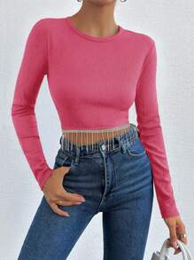 EURMUSE Fringe Hem Crop Tee - Pink - View 1