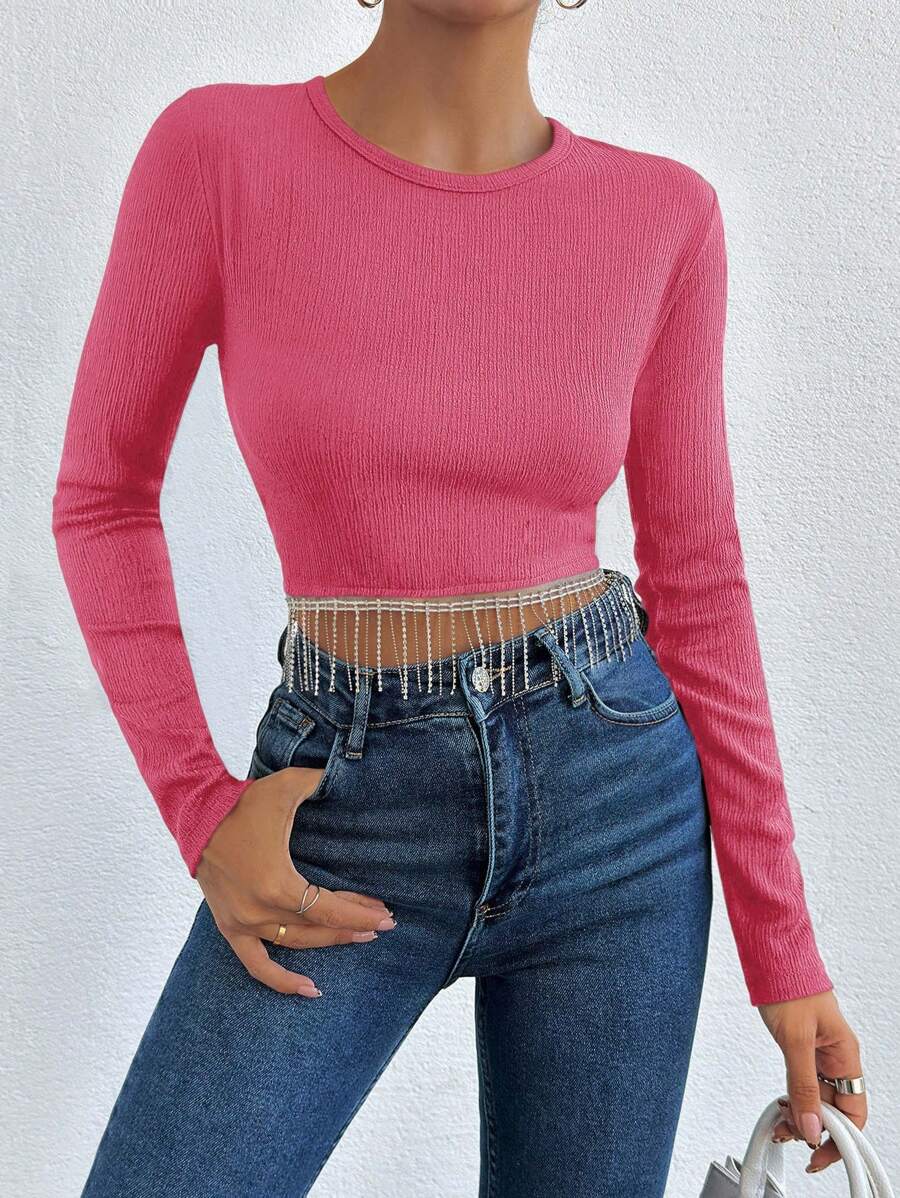 EURMUSE Fringe Hem Crop Tee - Pink - View 1