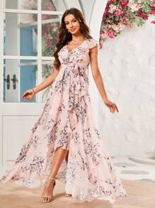 Women's Floral Print Ruffle Trim Asymmetrical Hem Party Dress - Pink - View 4