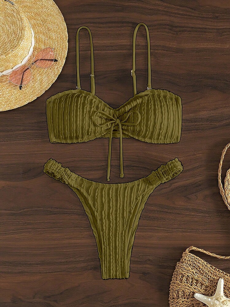 Women Solid Color Front Tie Sexy Bikini Set For Vacation,Summer Beach