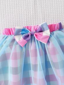 Baby Girl Cute White Top With Bear Embroidery And Colorful Checkered Mesh Fluffy Skirt Set - Multicolor - View 6