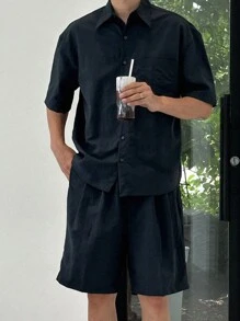 DAZY 男式夏季休閒純色短袖襯衫和短褲套裝