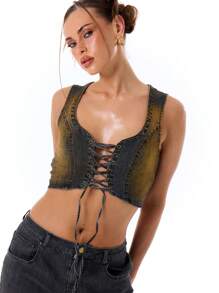 MUSERA Lace Up Front Denim Crop Top Spring 90's Y2k Cute Sexy Summer Vacation Festival Rave Vacation - Multicolor - View 5