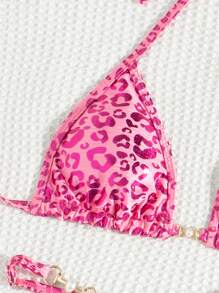 Swim Mod 2 件套性感豹纹露背系带比基尼套装，适合女士，2025 年夏季海滩 - 玫紅色 - 查看 3