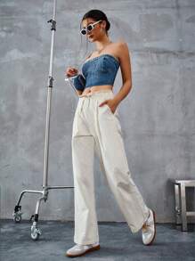 GENKIRA White Waistband Patchwork Drawstring Ruffle Hem Loose Straight Leg Casual Pants - Beige - View 2