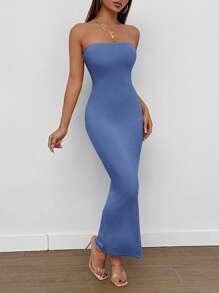 SHEIN PETITE Split Back Tube Summer Women Outfit Dress - Blue - View 6