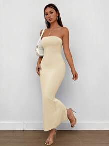SHEIN PETITE 背部分割設計的管狀連身夏季女裝裙 - 米色 - 查看 4