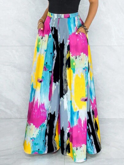 Women's Fashion Joker Tie-Dye Print Elastic Waist Straight Leg Pants With Pockets