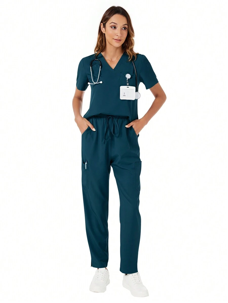 V-Neck Top & Straight Pants Scrub Uniforms Nurse Set - Navy Blue - View 1