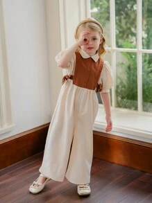 SHEIN 年轻女孩拼色编织立领连体裤，泡泡袖，二合一设计 - 米色 - 查看 4