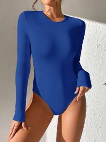 SHEIN PETITE Solid Slim Fit Spring Women Bodysuit - Royal Blue - View 1