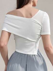 Mulvari Women's Summer Solid Color Asymmetrical Collar Short Sleeve Casual T-Shirt