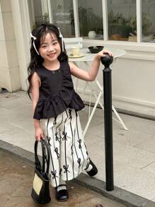 SHEIN Conjunto de top sin mangas con volantes de moda para niña joven y pantalones anchos - Blanco y Negro - Ver 5