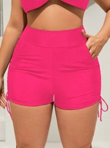 SHEIN Swim Curve Bottom de bikini de talla grande con fruncido, bolsillos, cordón en ambos lados - Rosa Fucsia - Ver 5