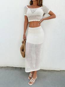 EURMUSE 2pcs Beach Hollow Out Crochet Cover-Up Set For Summer Vacation - Beige - View 2