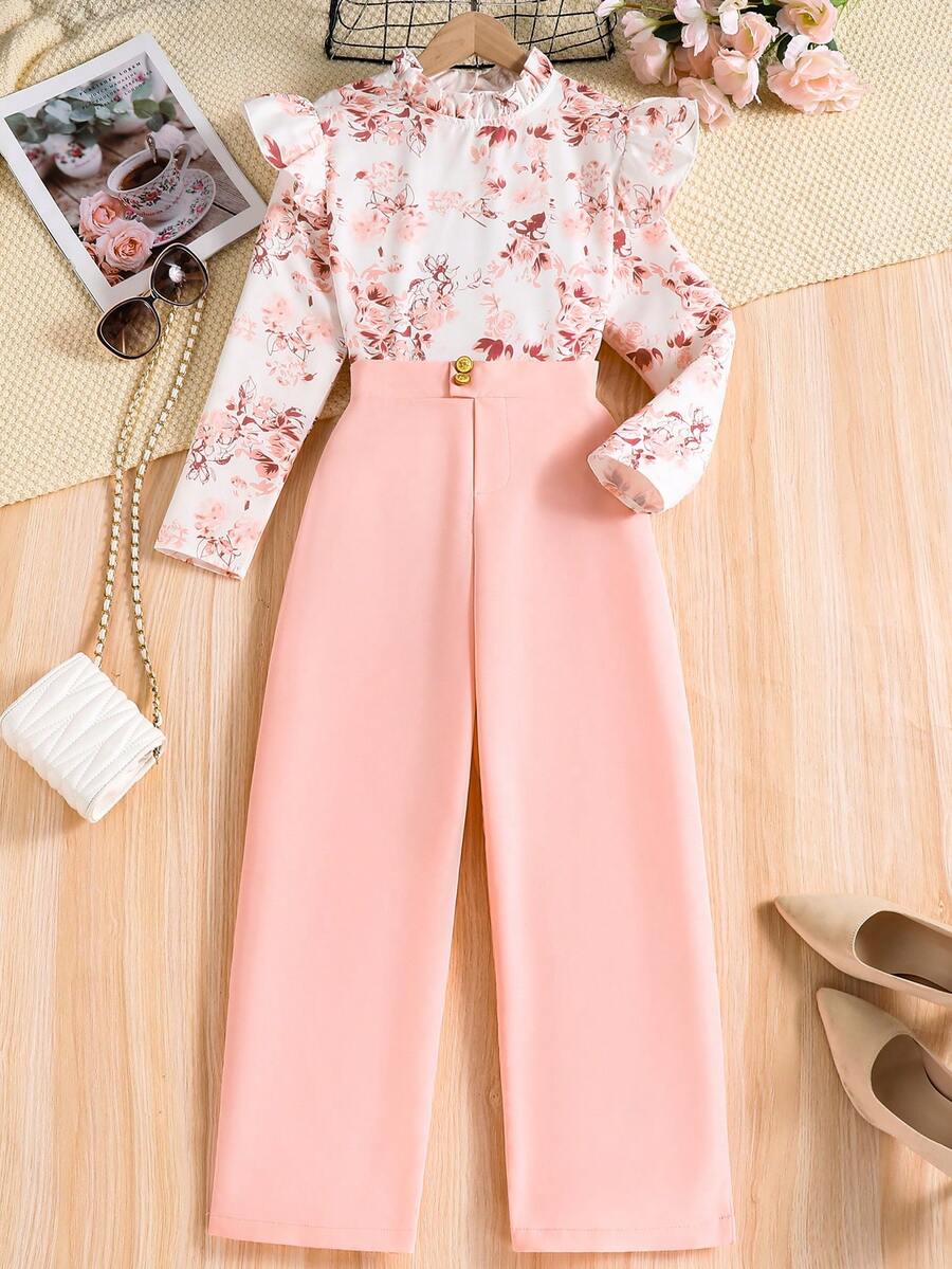 SHEIN Conjunto elegante de camisa y pantalones largos de 2 piezas para niña preadolescente, tejido de tela tejida con estampado digital, otoño - Rosa Pálido - Ver 1