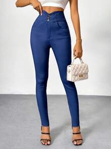 SHEIN Privé Women's Daily Elegant Basic Simple High-Waisted Skinny Jeans With Denim Effect Pockets And Button Detail