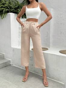 SHEIN Essnce Calças Longas de Lã Xadrez de Cintura Alta para Mulheres - Damasco - Ver 3