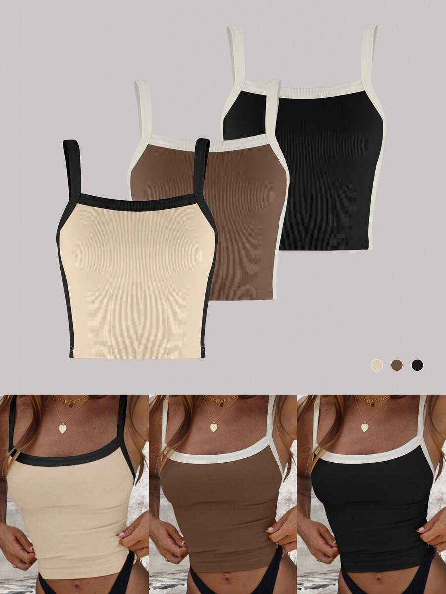 SHEIN LUNE Áo ba lỗ sọc caro màu sắc mùa hè cho nữ (3 chiếc) - Nhiều màu - Xem 1