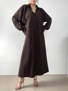 Mulvari 女士简约纯色日常长袖衬衫和吊带裙 2 件套 2 件套 - 咖啡棕 - 查看 4