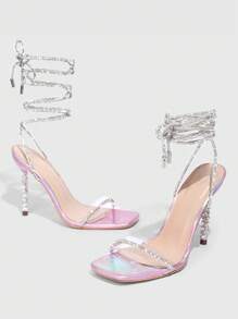 Woman Shoes Rhinestone Decor Tie Leg Design Heeled Strappy Sandals For Spring And Summer - Clear - View 4