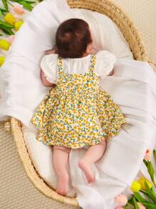 SHEIN Newborn Baby Girl Cute And Sweet Puff Short Sleeve Plain Top + Floral Suspender Skirt Set Suitable For Summer - Yellow - View 2