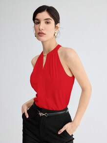 SHEIN BIZwear 女士纯色钥匙孔领优雅吊带背心，浪漫优雅日常休闲商务通勤装，复古风OL装，教师制服，基础款上衣，婚礼宾客着装，秋季 - 紅色 - 查看 6