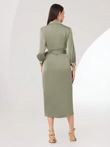 Modelyn Women's Glitter Lace-Up Pleated Solid Color Long Sleeve Dress For Daily Wear Long Evening Dresses