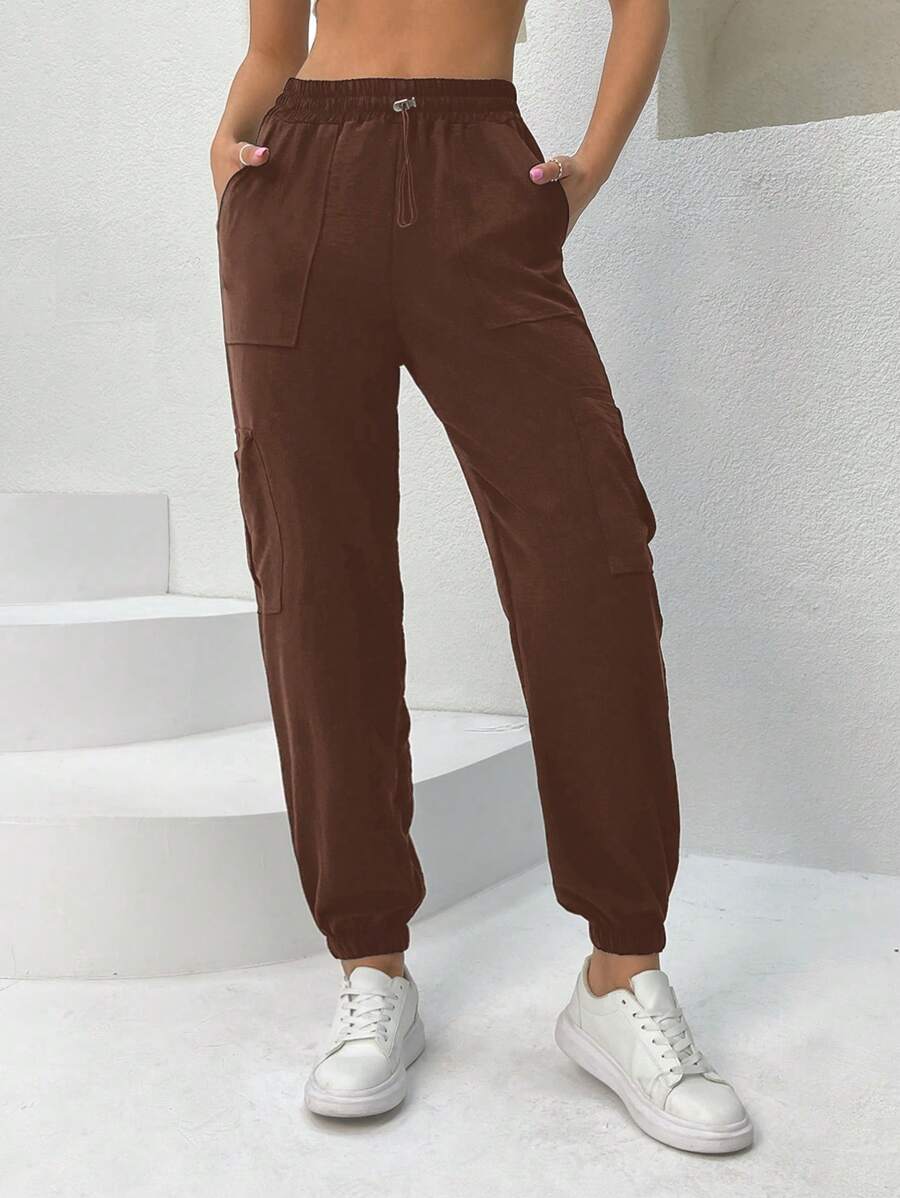 EURMUSE Solid Color Drawstring Waist Cargo Pants - Brown - View 1