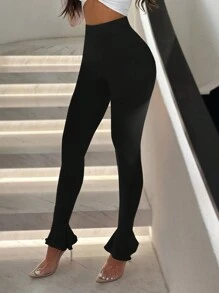 SHEIN SXY Women's Knitted Slim Fit Wide Leg Flared Pants With Folded Edge - Black - View 2