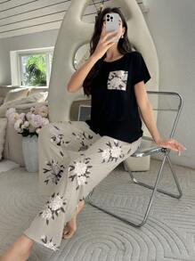 Color Block Floral Printed Short Sleeve And Long Pants Pajama Set - Black - View 1