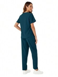 V-Neck Top & Straight Pants Scrub Uniforms Nurse Set - Navy Blue - View 2