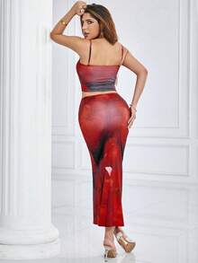 女士夏季時尚花卉印花緊身上衣和裙子套裝 - 紅色 - 查看 2