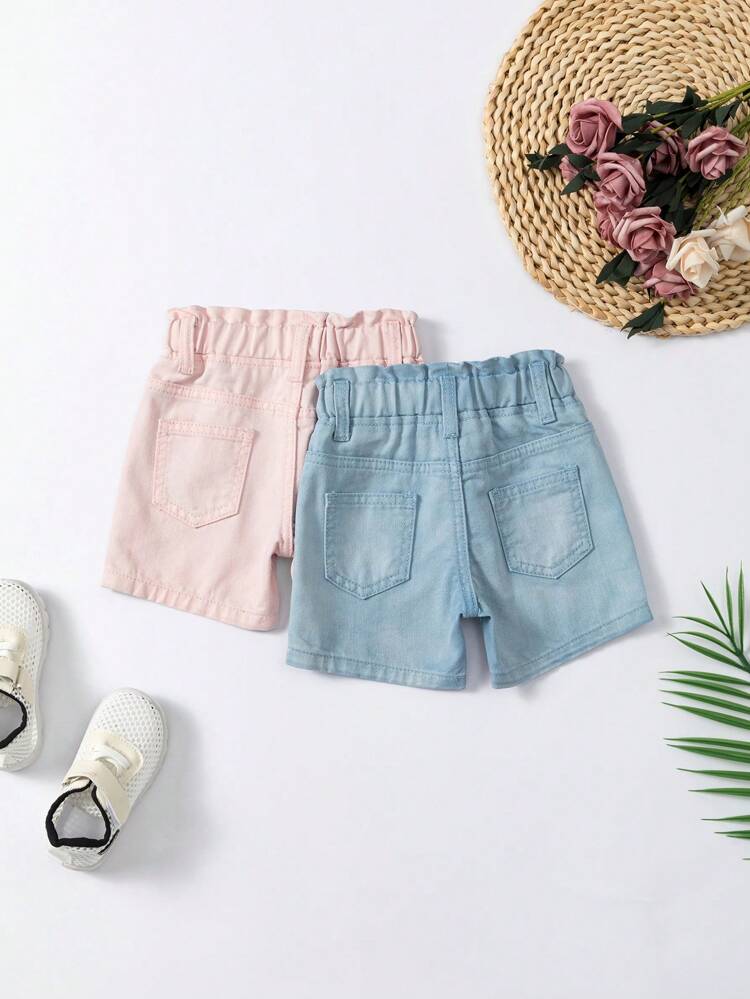 Baby Girl Light Blue & Pink 2pcs Washed Denim Shorts Set