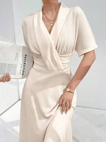 Modelyn Ladies' Solid Color Cross Wrap Shawl Collar Elegant Dress For Summer