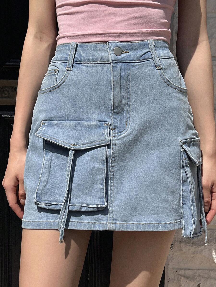 DAZY Women's Casual And Simple Denim Skirt With Pocket Design Jeans Skirt - Blue - View 1