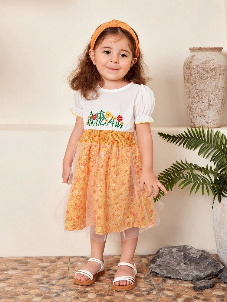Baby Girl Yellow Floral Print Embroidered Mesh Conservative Cute Elegant Cute Gorgeous Everyday Casual Dress For Summer