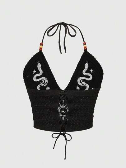 Goth Top de punto de hada oscura con diseño de serpiente, estrella y luna bordados para vacaciones en la playa con tirantes halter ajustables (cintura ajustable)